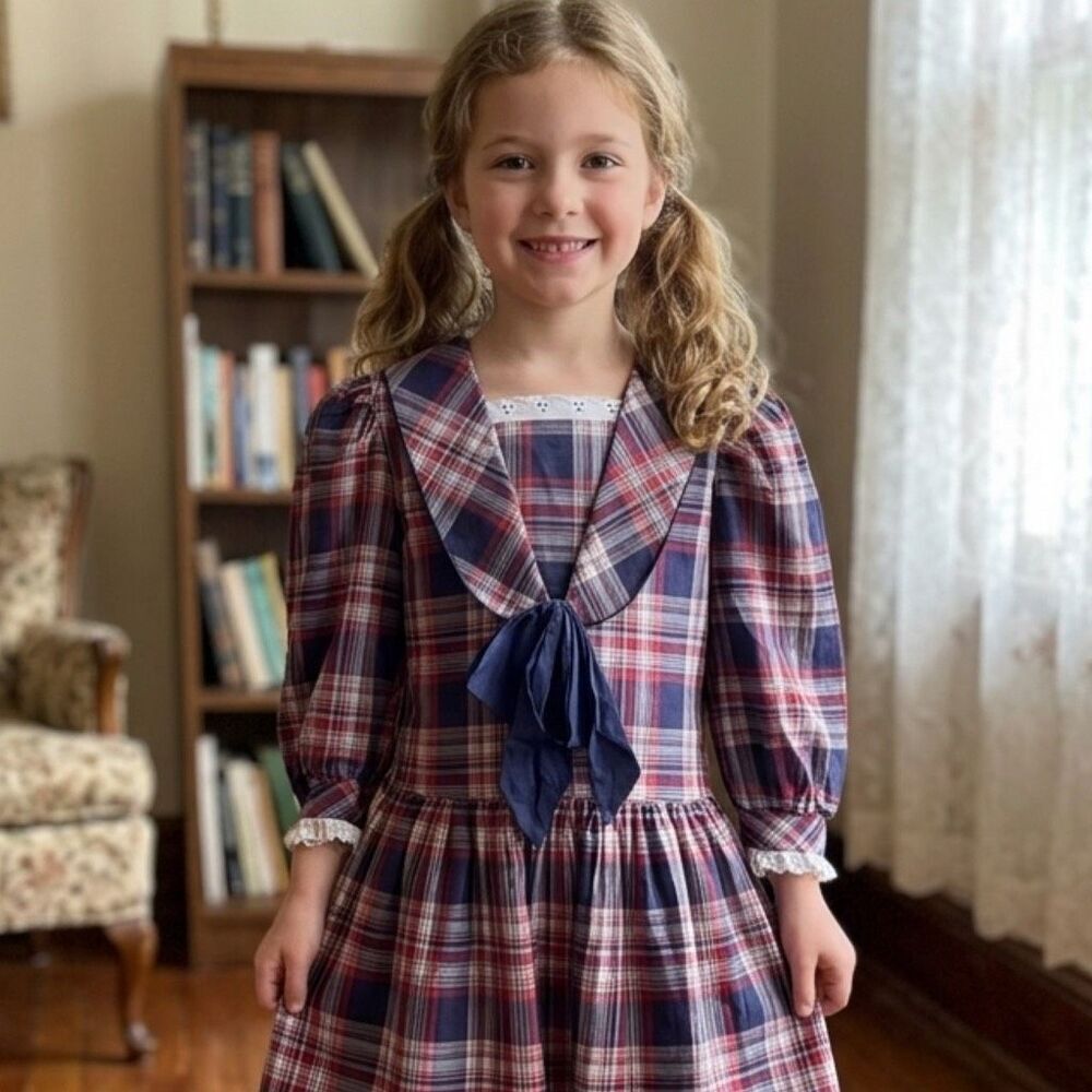 Vintage girls size 7 plaid -bow pleated skirt dress
